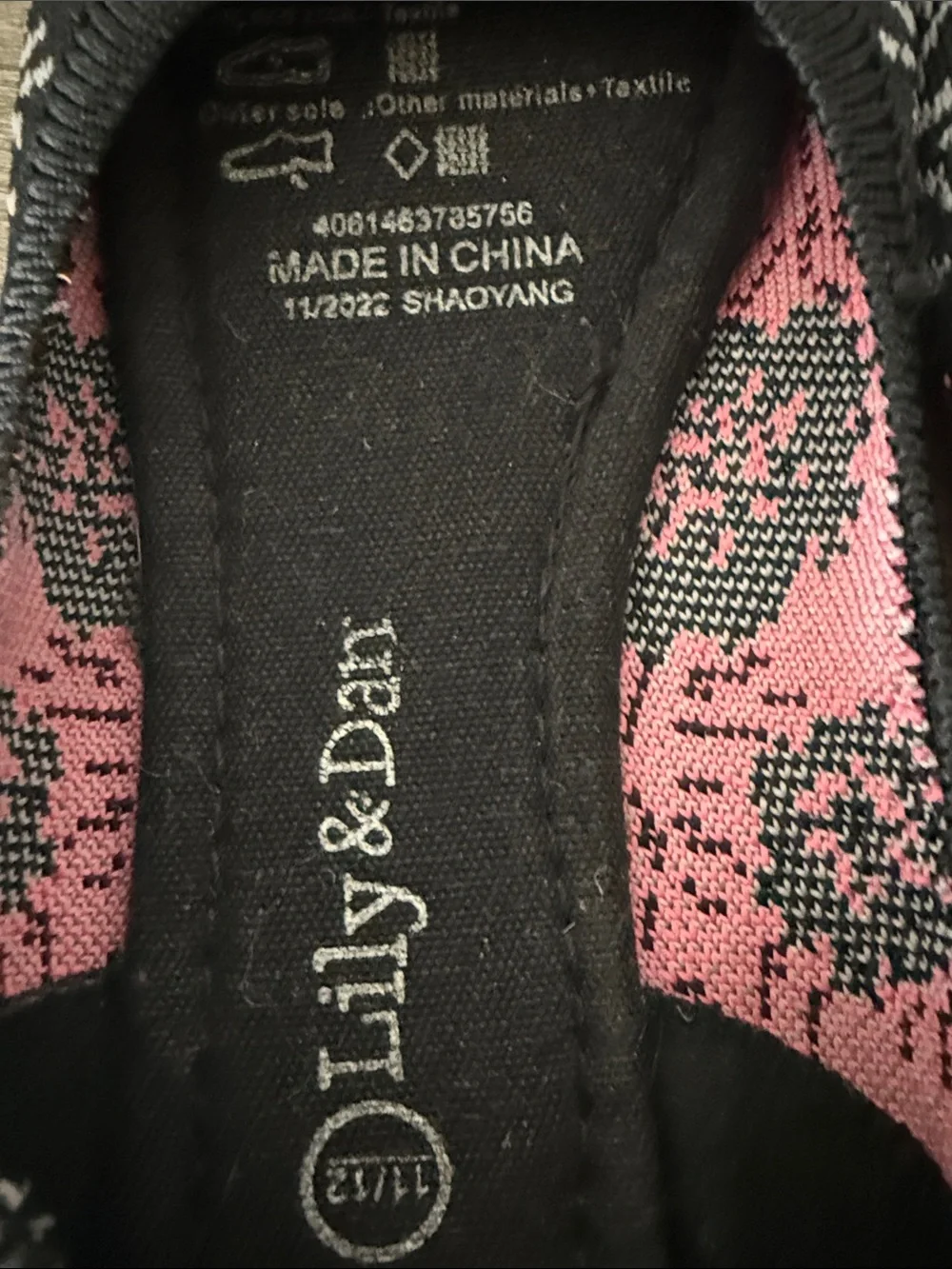 Lily & Dan Black Knit Ballet Flats with Pink Floral Pattern